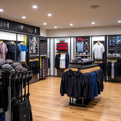 Interni del Pro Shop con attrezzatura da golf di alta gamma